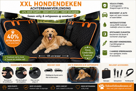 JAKE &amp;  JACKY XXL Hondendeken Auto met Achterbankverlenging &ndash; 40% extra ruimte &ndash; Waterdicht &ndash; 125 kg.